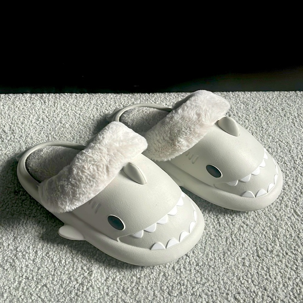 Grey Fuzzy Shark Slippers